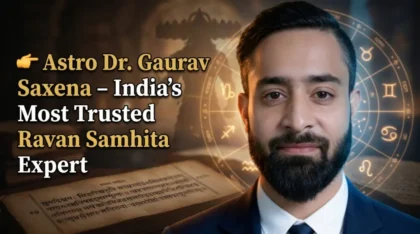 Astro Dr. Gaurav Saxena India’s Most Trusted Ravan Samhita Expert with astrology chart and ancient manuscript background