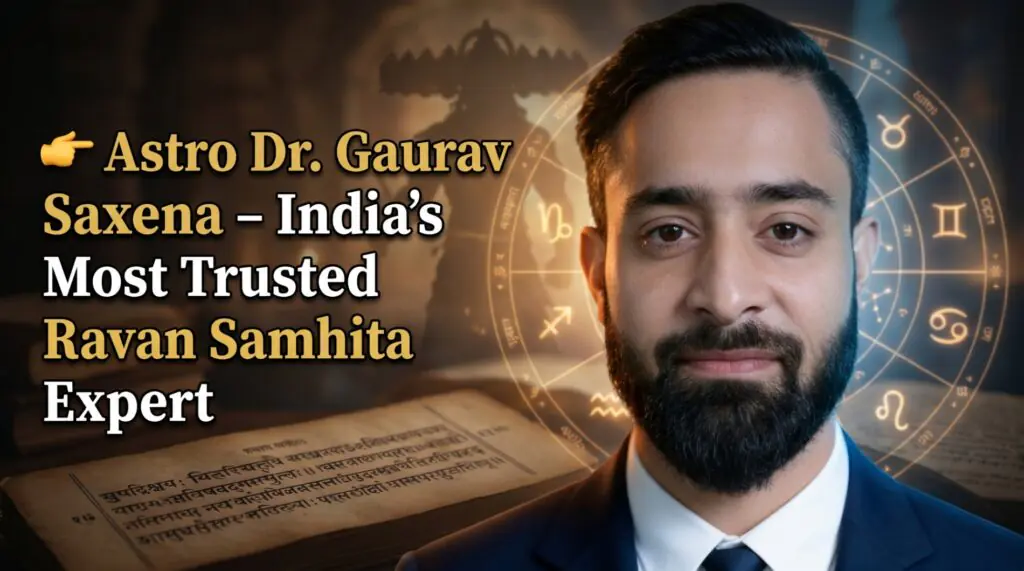 Astro Dr. Gaurav Saxena India’s Most Trusted Ravan Samhita Expert with astrology chart and ancient manuscript background