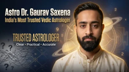 Astro Dr. Gaurav Saxena India’s Most Trusted Vedic Astrologer with kundali chart, planets, and numerology background