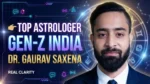 Top astrologer for Gen Z in India Dr Gaurav Saxena with digital zodiac background modern astrology guidance