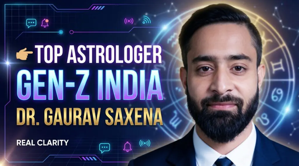 Top astrologer for Gen Z in India Dr Gaurav Saxena with digital zodiac background modern astrology guidance