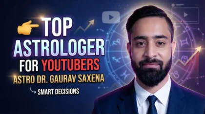 Top astrologer for YouTubers in India Dr Gaurav Saxena with zodiac and growth chart background offering creator guidance