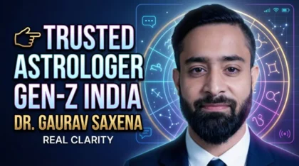 Trusted astrologer for Gen Z in India Dr Gaurav Saxena with digital zodiac background offering modern astrology guidance