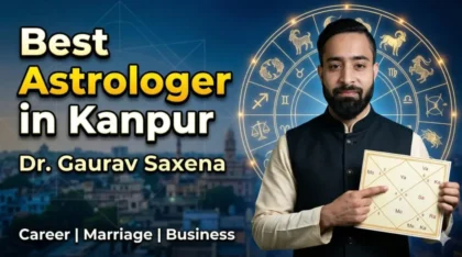 Best astrologer in Kanpur Dr. Gaurav Saxena holding kundli chart with zodiac background offering career marriage business guidance