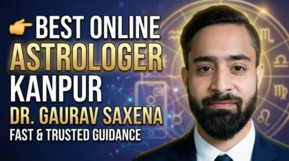 Best online astrologer in Kanpur Dr Gaurav Saxena with zodiac background offering astrology numerology vastu consultation online