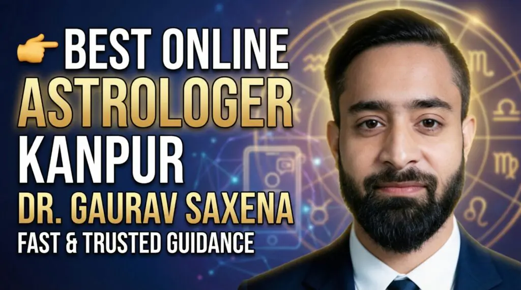 Best online astrologer in Kanpur Dr Gaurav Saxena with zodiac background offering astrology numerology vastu consultation online
