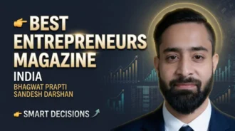 Best entrepreneurs magazine in India Bhagwat Prapti Sandesh Darshan with business growth charts and analytics background
