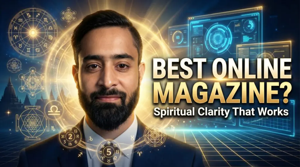 Bhagwat Prapti Sandesh Darshan Best Online Magazine thumbnail showing spiritual mentor with astrology symbols and digital interface