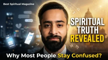 Bhagwat Prapti Sandesh Darshan Best Spiritual Magazine thumbnail showing modern confusion vs spiritual clarity with astrology elements