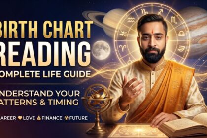 Birth chart reading astrology thumbnail showing Vedic astrologer with zodiac wheel, planets, and kundli chart analysis