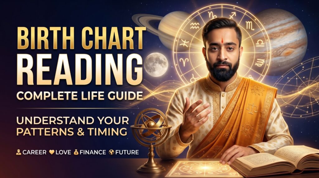 Birth chart reading astrology thumbnail showing Vedic astrologer with zodiac wheel, planets, and kundli chart analysis