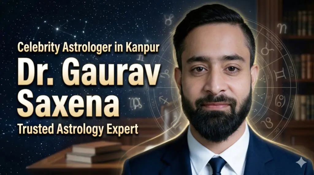 Celebrity astrologer in Kanpur Dr. Gaurav Saxena portrait with zodiac background representing astrology, numerology and vastu expertise
