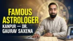 Famous astrologer in Kanpur Dr. Gaurav Saxena sitting at desk with kundli chart, astrology symbols and consultation setup