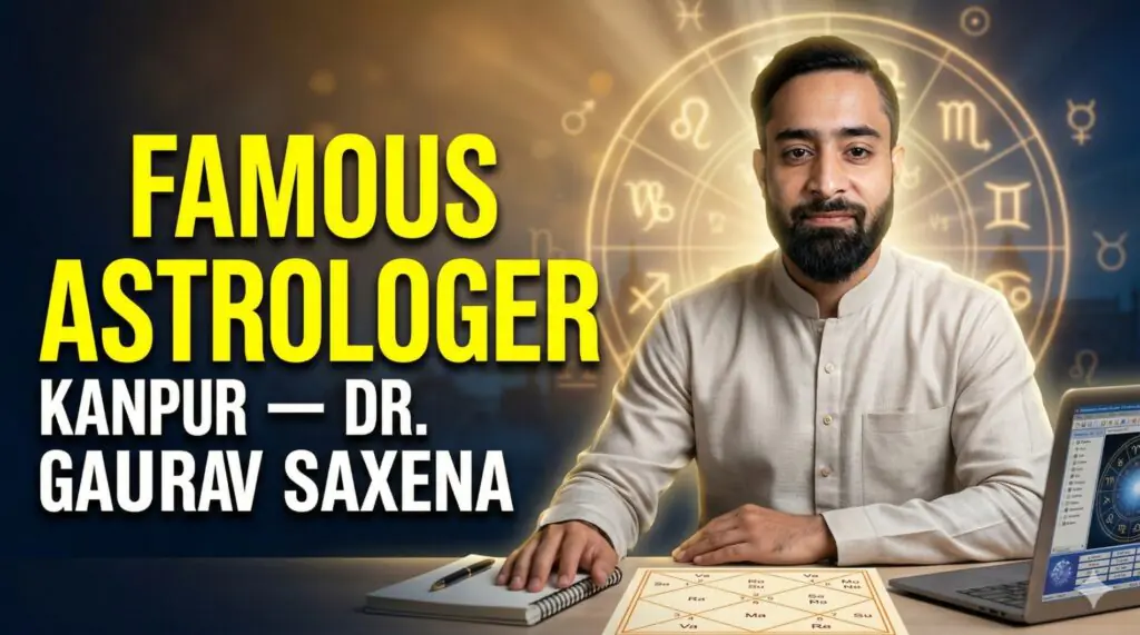 Famous astrologer in Kanpur Dr. Gaurav Saxena sitting at desk with kundli chart, astrology symbols and consultation setup