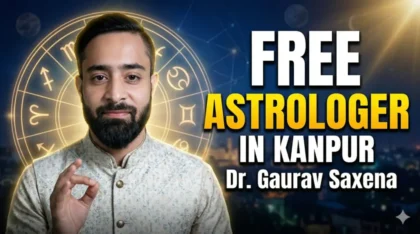 Free astrologer in Kanpur Dr. Gaurav Saxena giving astrology consultation with zodiac background and professional look