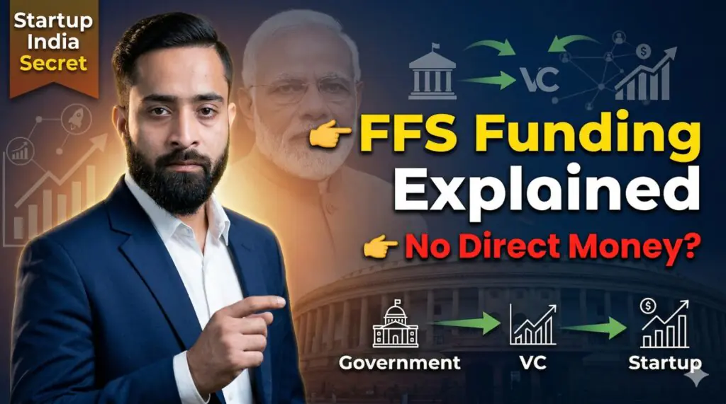 Fund of Funds for Startups FFS explained thumbnail showing Indian startup funding flow from government to VC to startup with business expert and PM Modi background