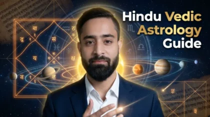 Hindu Vedic astrology guide with kundali chart zodiac wheel and planetary alignment explaining dasha and transit system