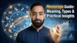 Horoscope guide with zodiac wheel planetary alignment and astrology charts explaining meaning types and practical insights