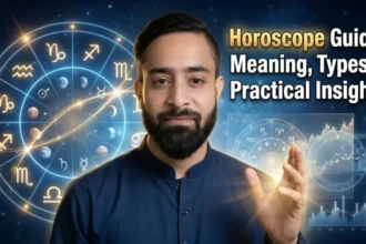 Horoscope guide with zodiac wheel planetary alignment and astrology charts explaining meaning types and practical insights