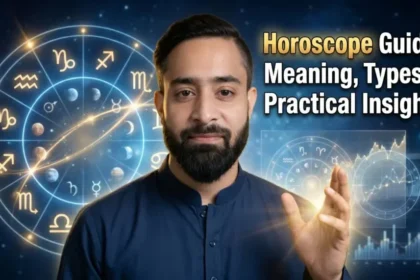 Horoscope guide with zodiac wheel planetary alignment and astrology charts explaining meaning types and practical insights