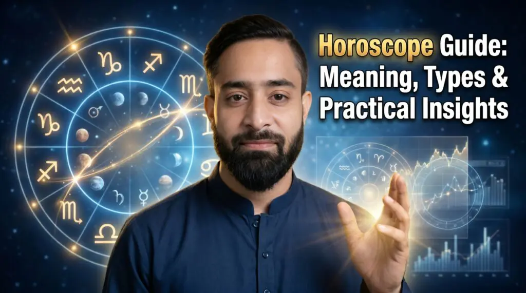 Horoscope guide with zodiac wheel planetary alignment and astrology charts explaining meaning types and practical insights
