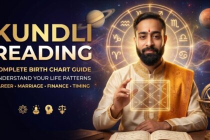 Kundli reading birth chart analysis showing Vedic astrologer with glowing horoscope chart and zodiac wheel background