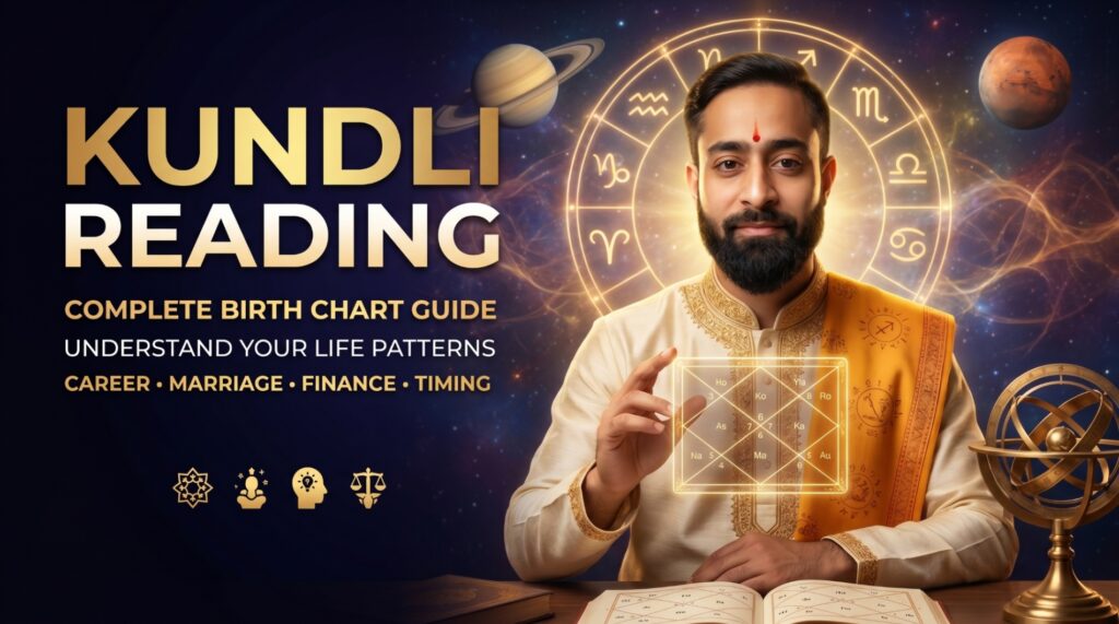 Kundli reading birth chart analysis showing Vedic astrologer with glowing horoscope chart and zodiac wheel background
