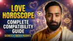 Love horoscope compatibility guide thumbnail with Vedic astrologer, zodiac wheel, and relationship astrology symbols