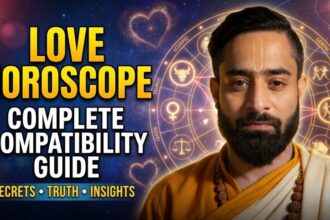 Love horoscope compatibility guide thumbnail with Vedic astrologer, zodiac wheel, and relationship astrology symbols