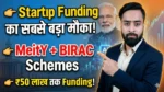 MeitY BIRAC startup funding schemes India thumbnail with Narendra Modi and entrepreneur explaining ₹50 lakh government funding opportunity