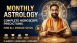 Monthly astrology horoscope thumbnail showing Vedic astrologer with zodiac wheel and planets for all zodiac sign predictions