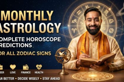 Monthly astrology horoscope thumbnail showing Vedic astrologer with zodiac wheel and planets for all zodiac sign predictions
