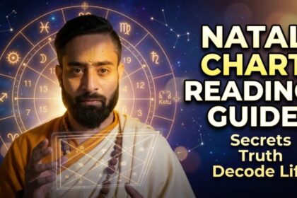 Natal chart reading guide thumbnail showing Vedic astrologer with kundli chart, zodiac wheel and astrology symbols for life pattern analysis