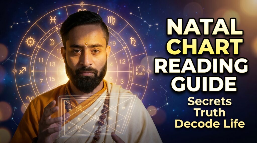 Natal chart reading guide thumbnail showing Vedic astrologer with kundli chart, zodiac wheel and astrology symbols for life pattern analysis