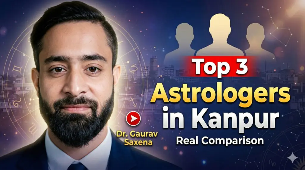 Three best astrologer in Kanpur Dr Gaurav Saxena thumbnail showing top 3 astrologers comparison with Kanpur skyline and astrology symbols