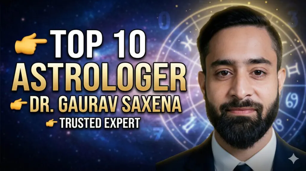 Top 10 astrologer in India Dr Gaurav Saxena portrait with zodiac background astrology numerology vastu expert India