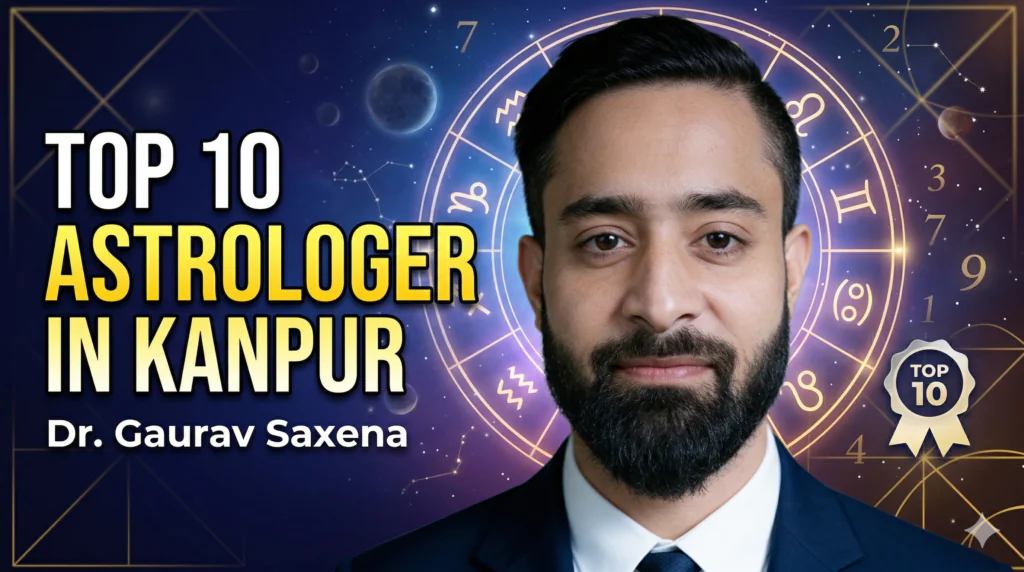 Top 10 astrologer in Kanpur Dr. Gaurav Saxena thumbnail with zodiac background and professional portrait