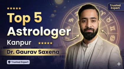 Top 5 astrologer in Kanpur Dr Gaurav Saxena with zodiac background offering astrology consultation in Kanpur