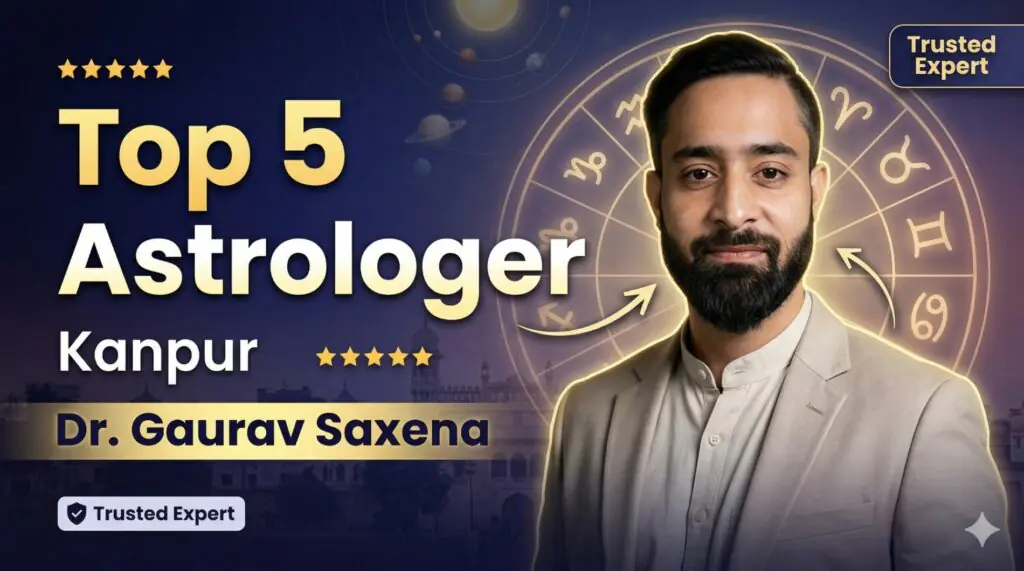 Top 5 astrologer in Kanpur Dr Gaurav Saxena with zodiac background offering astrology consultation in Kanpur