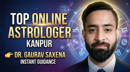 Top online astrologer in Kanpur Dr Gaurav Saxena with zodiac background offering online astrology numerology and vastu consultation