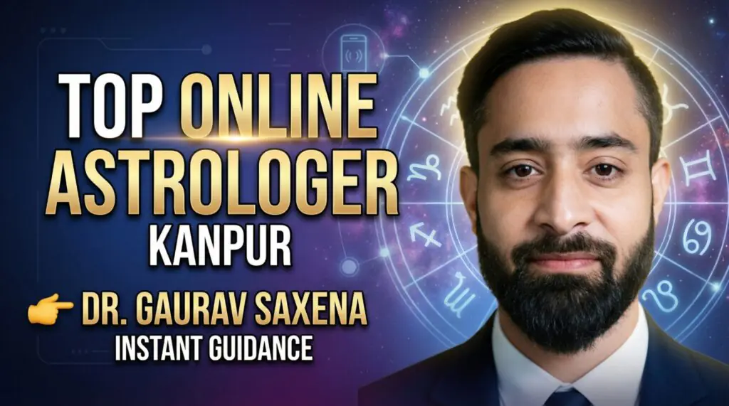 Top online astrologer in Kanpur Dr Gaurav Saxena with zodiac background offering online astrology numerology and vastu consultation