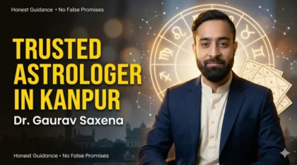 Trusted astrologer in Kanpur Dr Gaurav Saxena with zodiac chart background offering astrology, numerology and vastu consultation