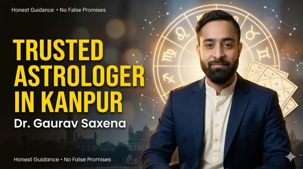 Trusted astrologer in Kanpur Dr Gaurav Saxena with zodiac chart background offering astrology, numerology and vastu consultation