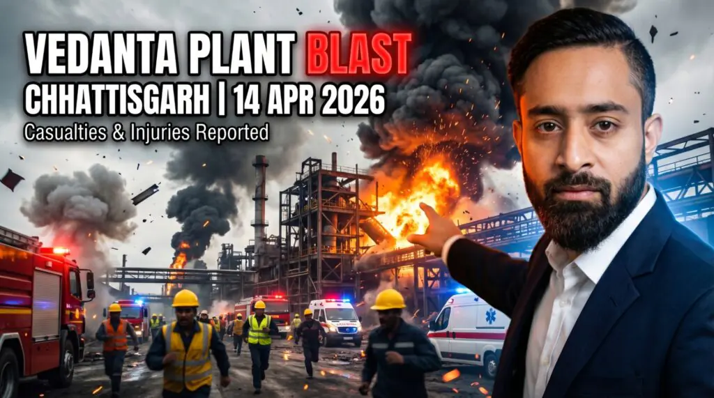 Vedanta plant blast Chhattisgarh 14 April 2026 explosion scene with fire, smoke, injured workers and emergency response teams
