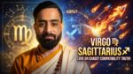 Young Indian Vedic astrologer explaining Virgo Sagittarius compatibility with Virgo and Sagittarius zodiac symbols, love match percentage, and relationship astrology chart
