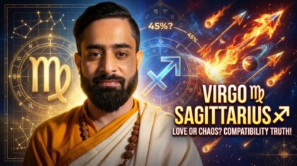 Young Indian Vedic astrologer explaining Virgo Sagittarius compatibility with Virgo and Sagittarius zodiac symbols, love match percentage, and relationship astrology chart