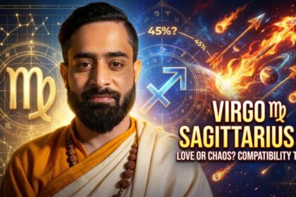 Young Indian Vedic astrologer explaining Virgo Sagittarius compatibility with Virgo and Sagittarius zodiac symbols, love match percentage, and relationship astrology chart