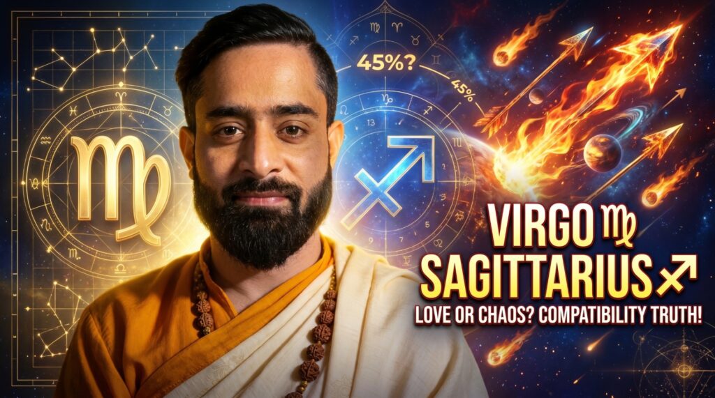 Young Indian Vedic astrologer explaining Virgo Sagittarius compatibility with Virgo and Sagittarius zodiac symbols, love match percentage, and relationship astrology chart