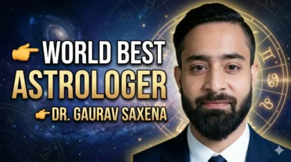 World best astrologer in India Dr Gaurav Saxena portrait with zodiac background offering astrology numerology vastu consultation