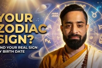 Alt Text: Young Indian Vedic astrologer with zodiac wheel explaining zodiac signs according to birth date and how to find your real zodiac sign by birthday